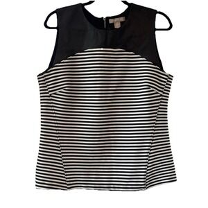 Women 14Banana Republic Tailored Sleeveless Top Black White Striped Faux Leather